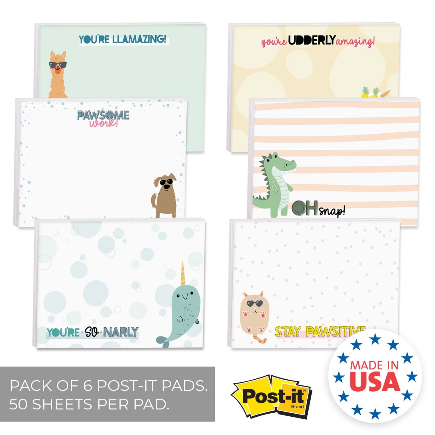 Cute Animal Pun Sticky Note Pads / 7.62 x 10.16 cm Clever Sticky Notes / Set Of 6 Pads / 50 Sheets Per Pad / Trendy Gift Idea