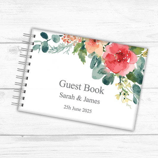 Watercoloured Flowers - Personalised Guest Book Available in Wood or Frosted Acrylic