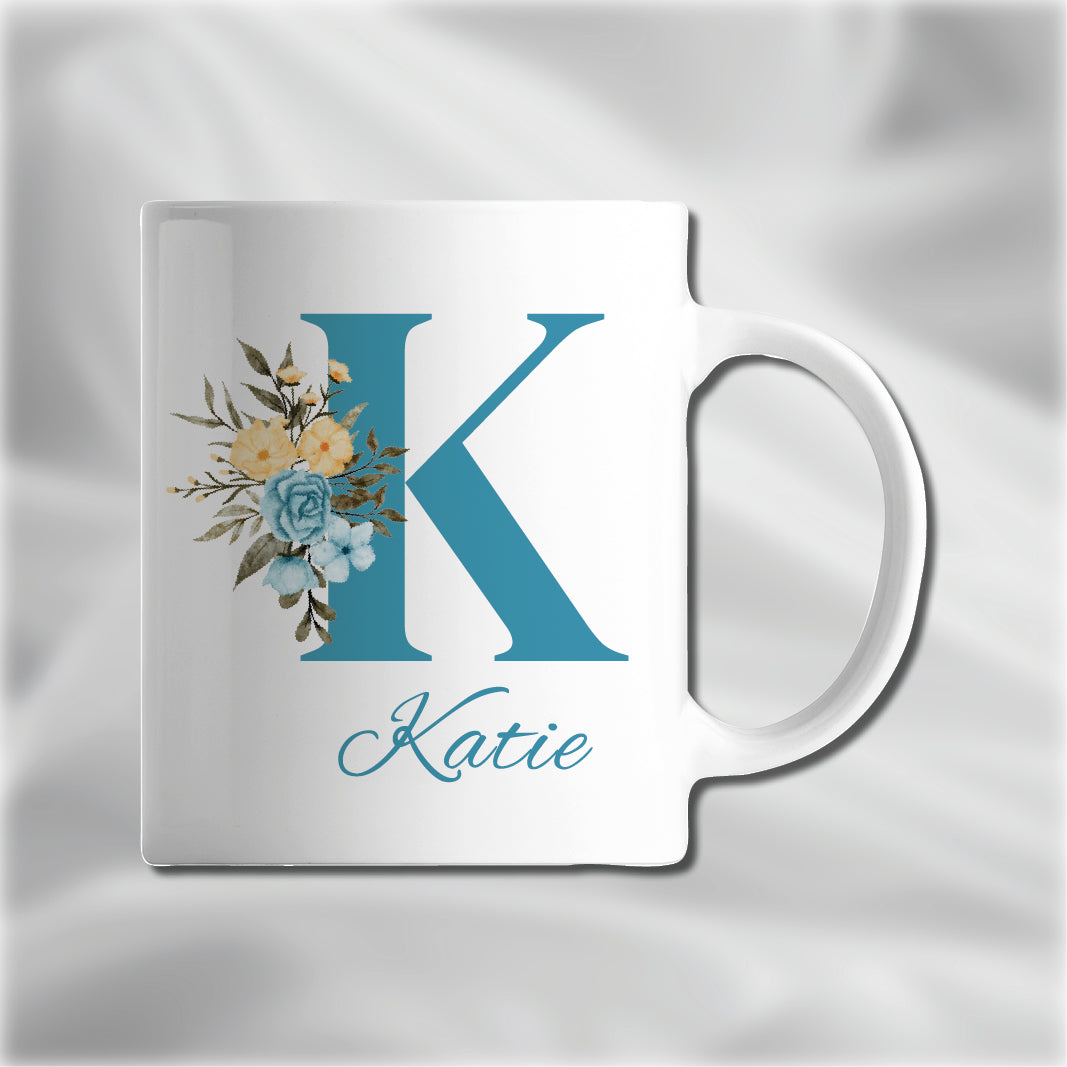 Personalised Name and Initial Mug Blue Floral Alphabet Tea Coffee Mug , Mug Gift