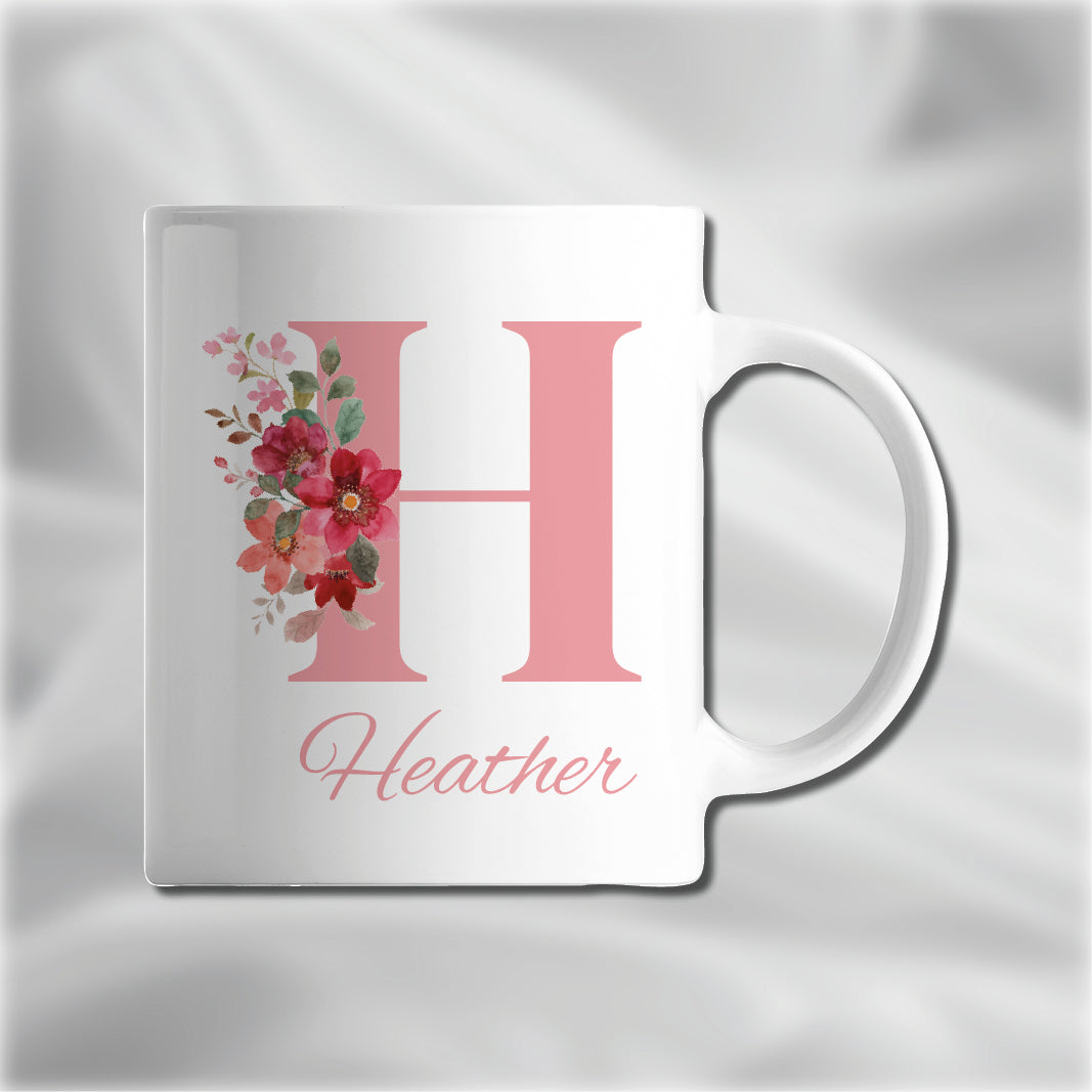 Personalised Name and Initial Mug Pink Floral Alphabet Tea Coffee Mug, Personalised Gift