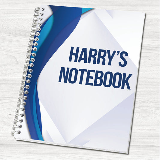 Blue & White Modern Personalised Wirebound Notebook