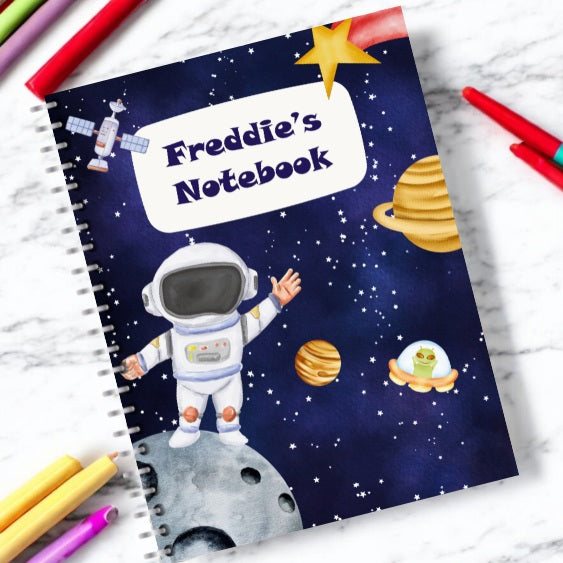 Personalised Outer Space Adventure Notebook – Custom Name Journal for Kids, Choose from A5 or A4