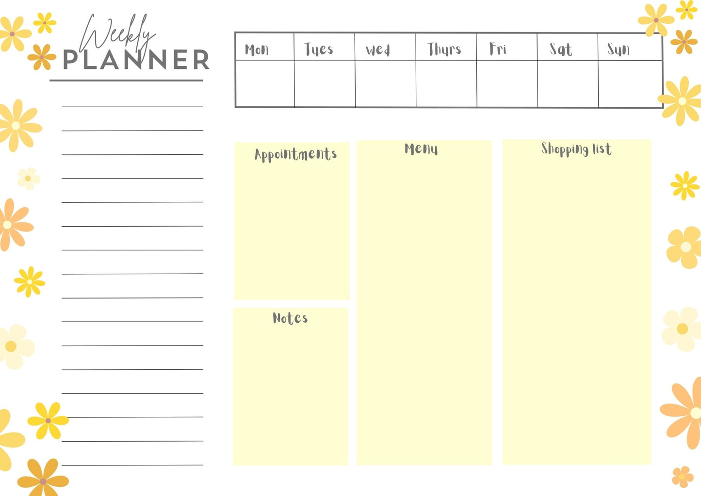 Yellow Flower Weekly Kitchen Wall Planner, Dry-Erase Organiser for Menu, Appointments & Notes, Wall Mountable, Wipe Clean Planner