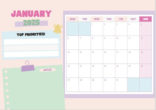 Pastels A5 Wire Bound Desk Calendar, 2025 Desk Calendar, Desk Calendars Made to Order, Pastel Colours, Bespoke Designs, 2025 Calendar