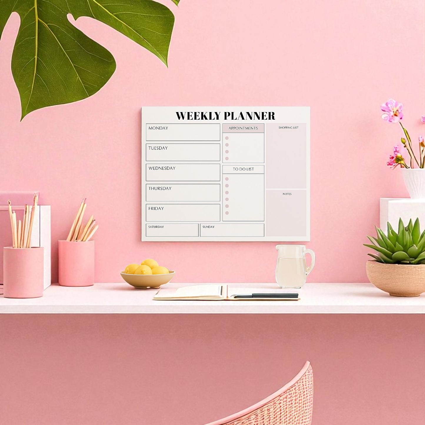 Pink N White Weekly Kitchen Wall Planner, Dry-Erase Organiser for Menu, Appointments & Notes, Wall Mountable, Wipe Clean Planner