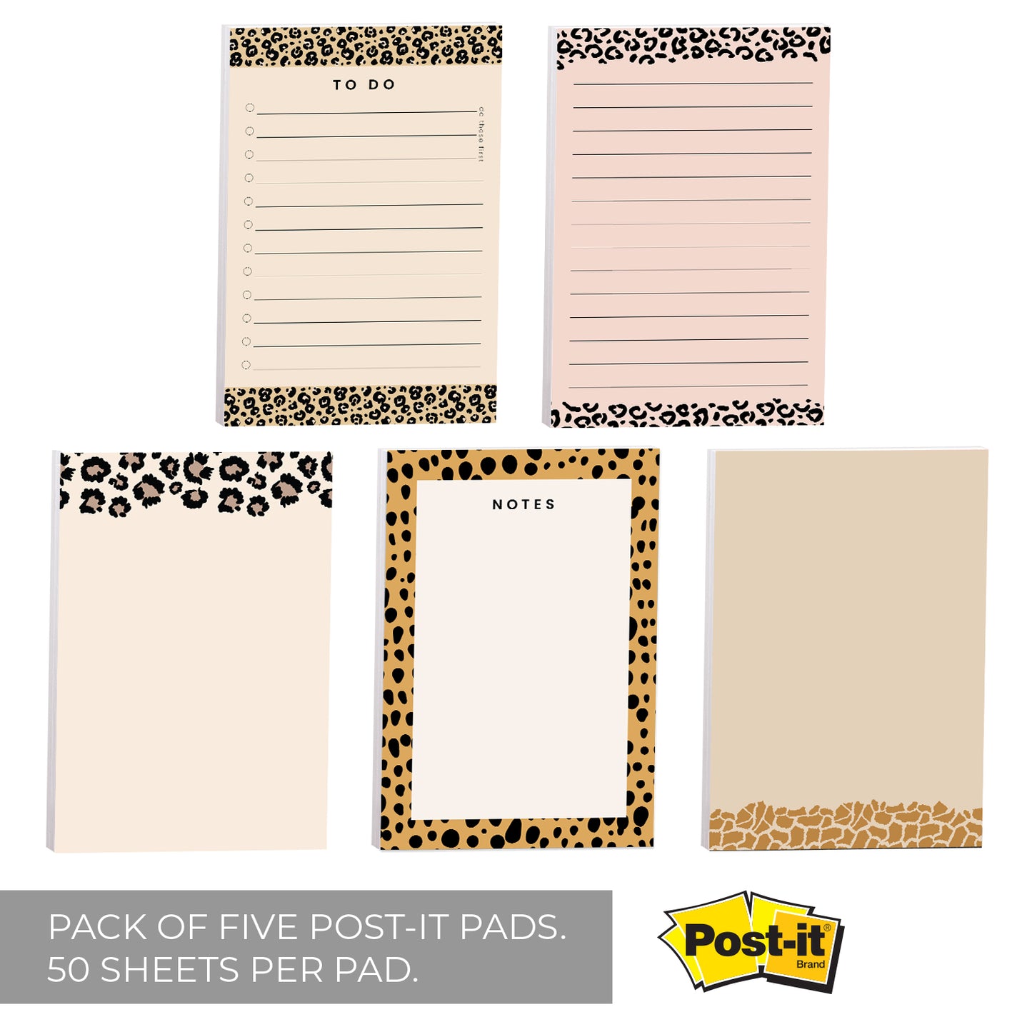 Modern Animal Print Sticky Notes, 10.16 x 15.24cm Repositionable Sticky Note Pads, Five Unique Pattern Designs, Cheetah Leopard Sticky Notes