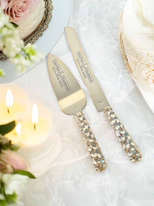 Gold Hammered Handles Personalised Serving Set