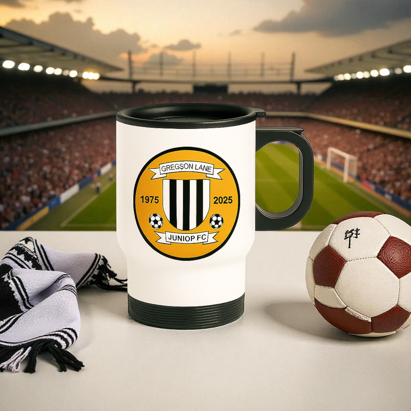 Custom Travel Mug - Custom Logo | Insulated Stainless Steel | Football Club Gift | Black & White Design