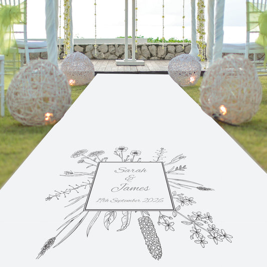 Personalised Sketched Flowers Aisle Runner, Custom Design, Made to Order, 3 Sizes, Personalised Bespoke Design