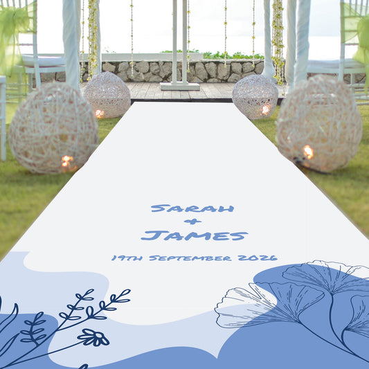 Elegant Blue Floral Personalised Wedding Aisle Runner