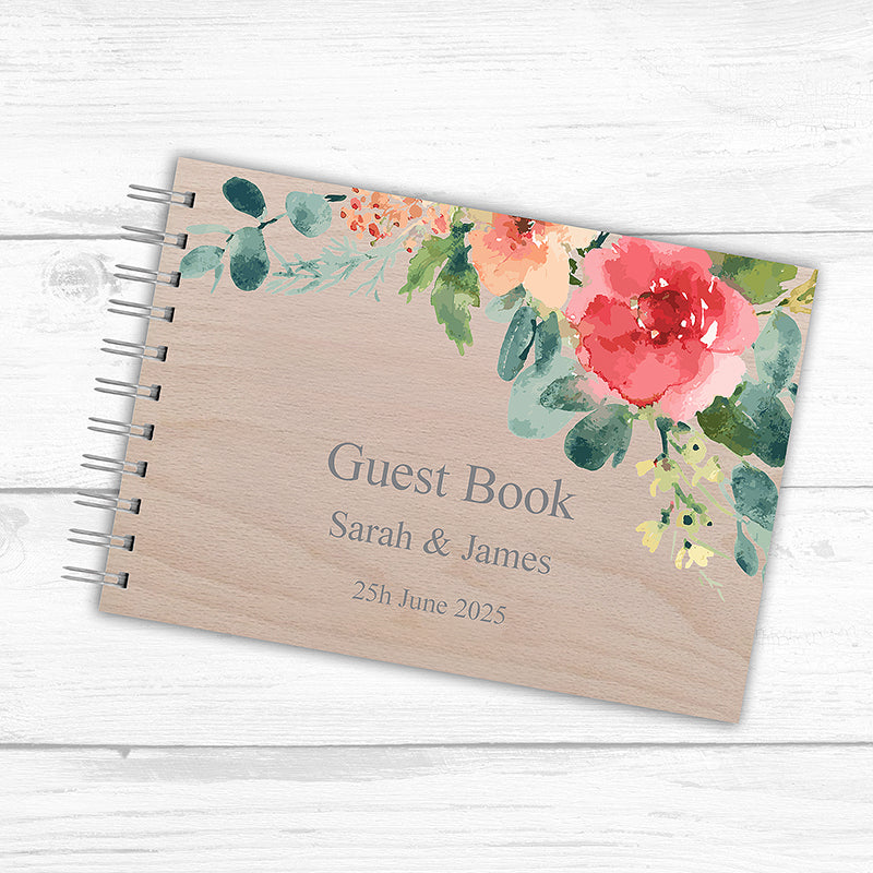 Watercoloured Flowers - Personalised Guest Book Available in Wood or Frosted Acrylic