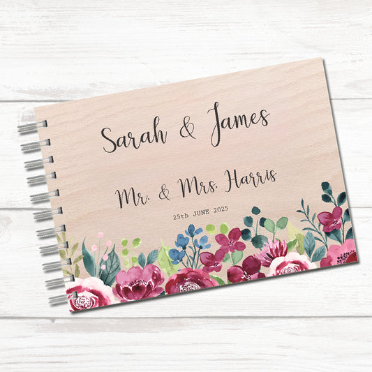 Personalised Wood / Frosted Acrylic Wedding Guest Book - Burgundy Flowers