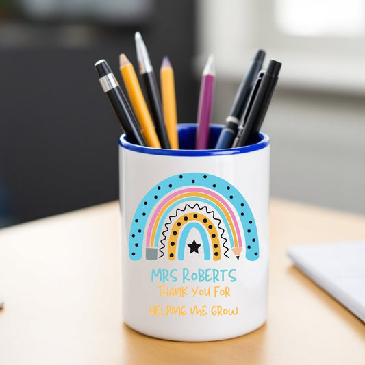 Blue Rainbow Personalised Teacher Pen Pencil Pot, Made to Order, Personalised Teacher Gifts, End of Term, Gifts for All Occasions