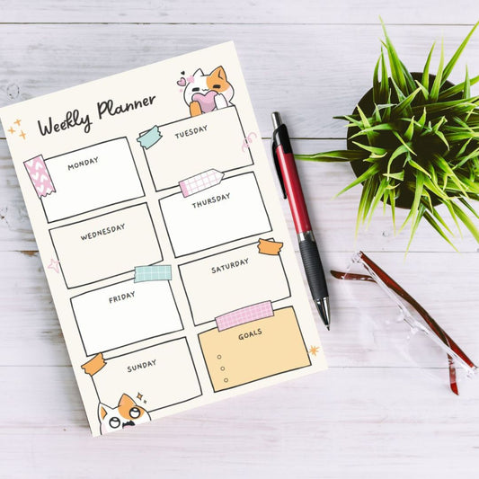 Cute Cartoon Cat Weekly/Daily Planner Pad, Colourful Daily Desk Planner, Modern Design, 52 Page Weekly Planner, Made to Order, UK Supplier