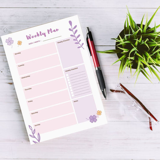 Pink and Purple Weekly/Daily Planner Pad, Colourful Daily Desk/Meal Planner, Modern Design, 52 Page Weekly Planner, Made in the UK