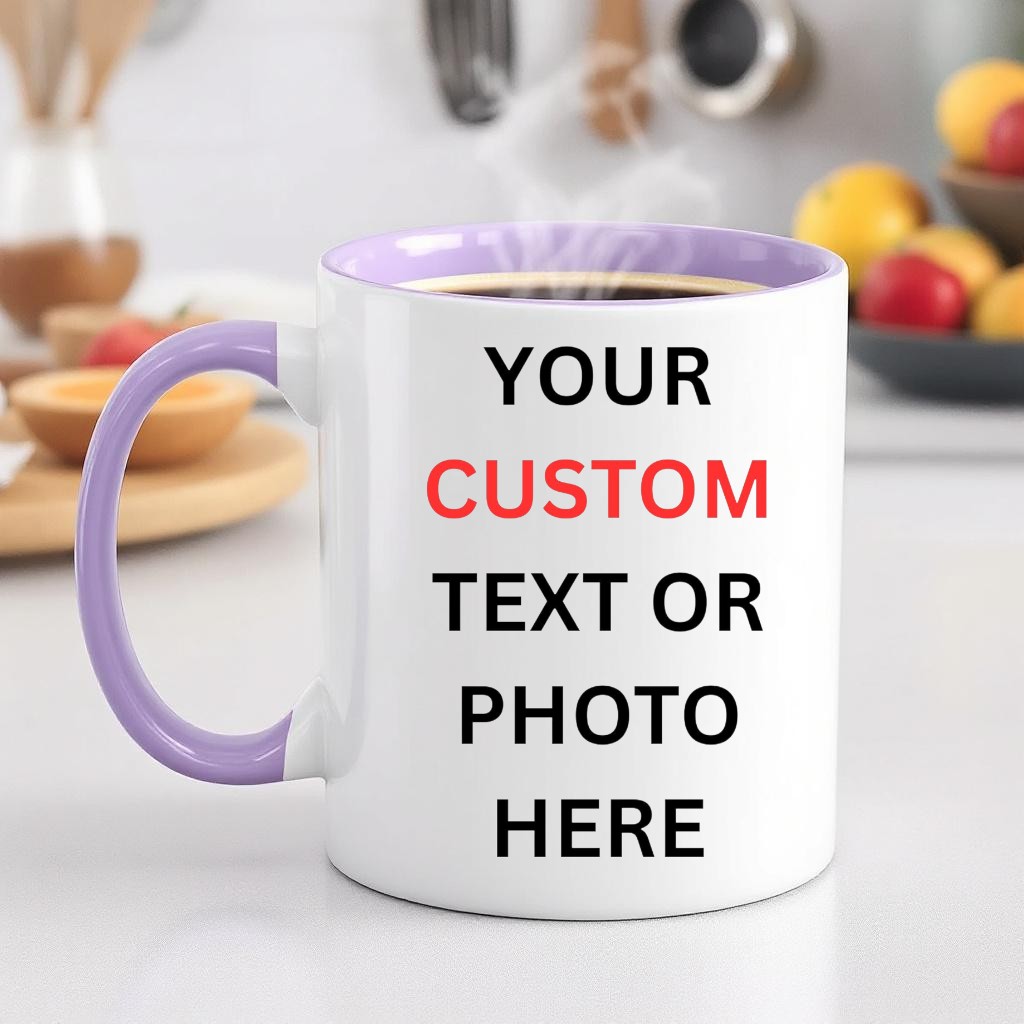 Personalised Ceramic Coffee Mug: Custom Text & Photo, Vibrant Coloured Interior