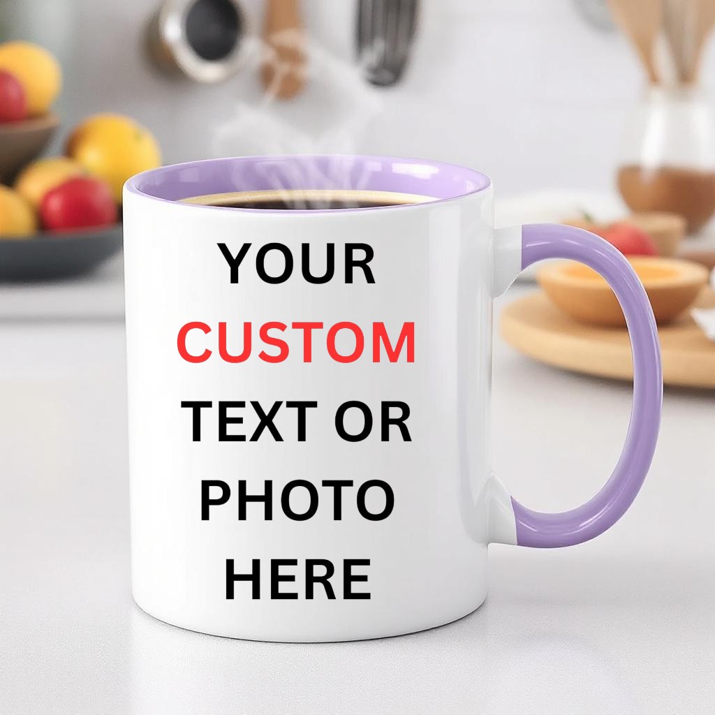 Personalised Ceramic Coffee Mug: Custom Text & Photo, Vibrant Coloured Interior