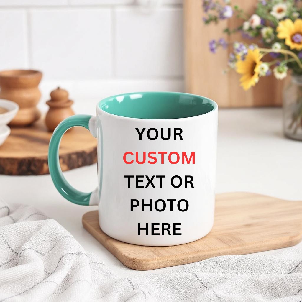 Personalised Ceramic Coffee Mug: Custom Text & Photo, Vibrant Coloured Interior