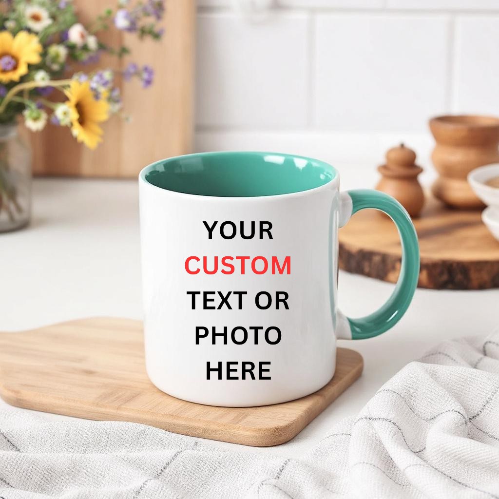 Personalised Ceramic Coffee Mug: Custom Text & Photo, Vibrant Coloured Interior