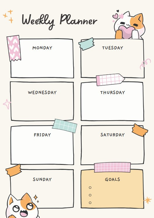 Cute Cartoon Cat Weekly/Daily Planner Pad, Colourful Daily Desk Planner, Modern Design, 52 Page Weekly Planner, Made to Order, UK Supplier