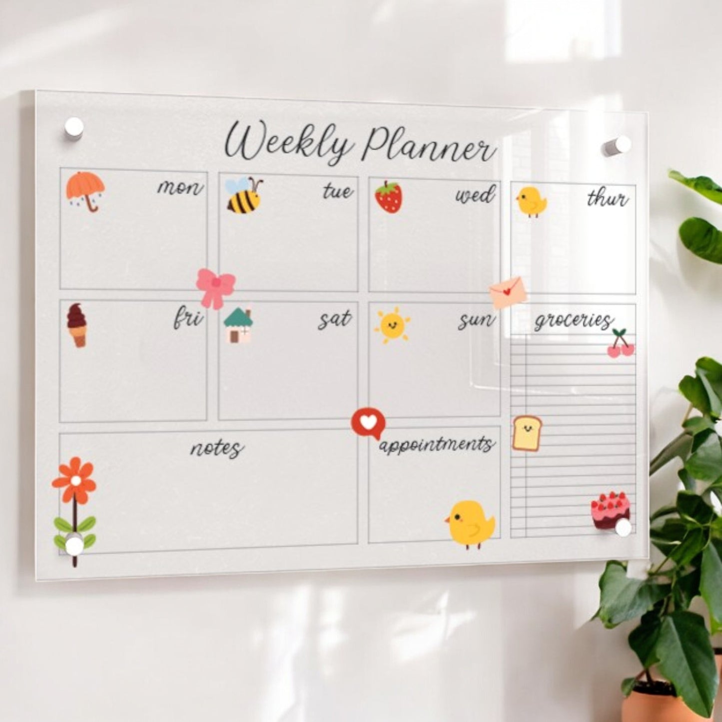 Cute Doodle Weekly Wall Planner, Personalised Extra Large Planner, Weekly Organising Board, Wall Mountable, Wipe Clean Kitchen Menu Board