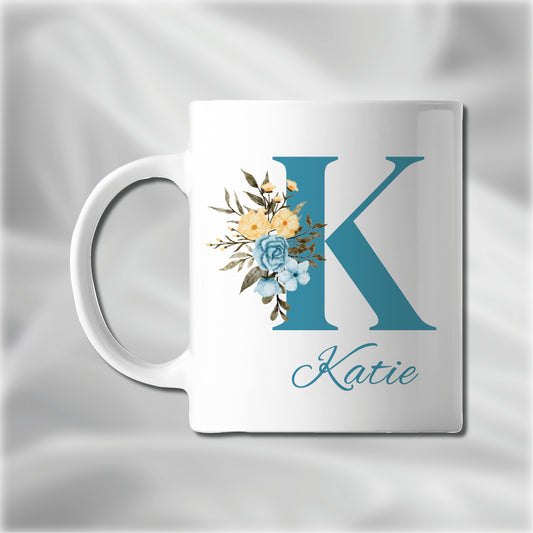 Personalised Name and Initial Mug Blue Floral Alphabet Tea Coffee Mug , Mug Gift