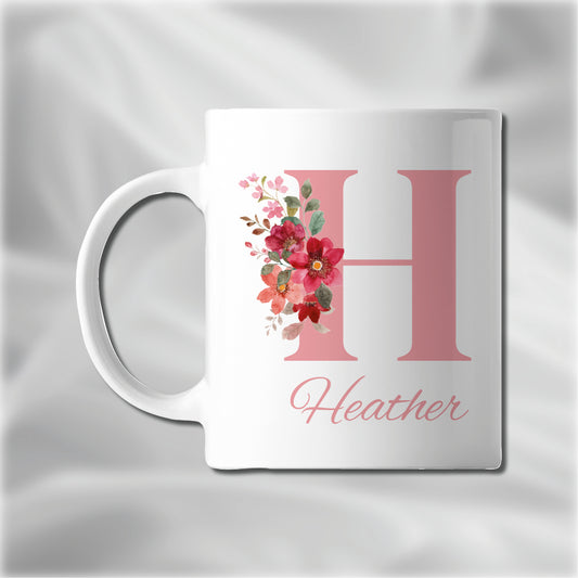 Personalised Name and Initial Mug Pink Floral Alphabet Tea Coffee Mug, Personalised Gift