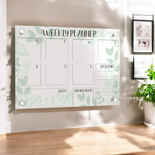 Green Leaves Weekly Wall Planner, Extra Large Planner, Weekly Organising Board, Wall Mountable, Wipe Clean Kitchen Menu Board, Weekly Diary