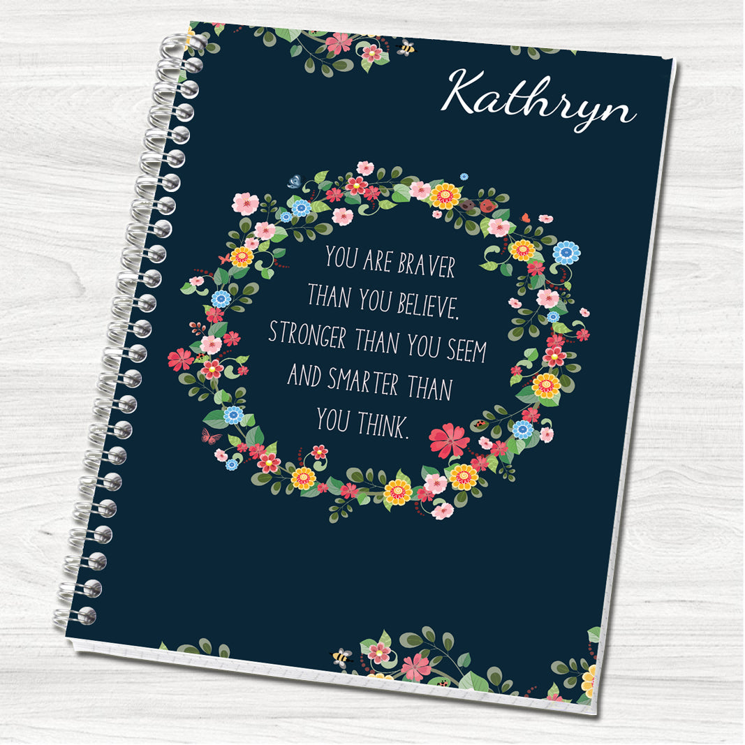 Personalised Floral Notebook: 'Be Brave' Wire Bound Journal