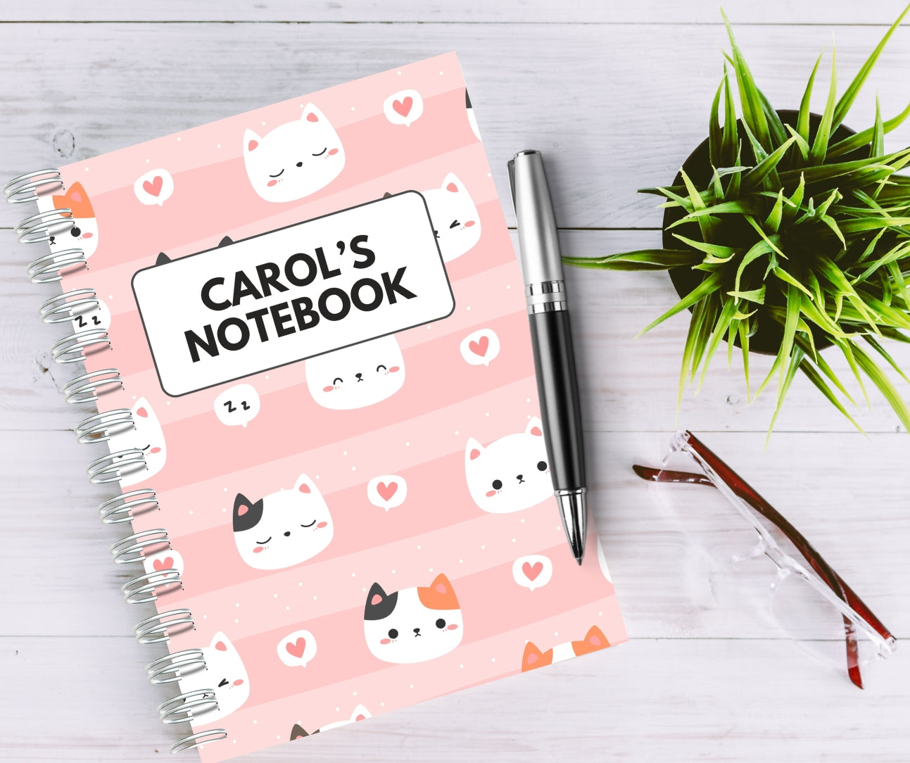 Personalised Cats & Hearts Notebook: Wire Bound A5/A4