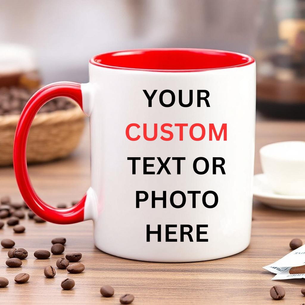 Personalised Ceramic Coffee Mug: Custom Text & Photo, Vibrant Coloured Interior
