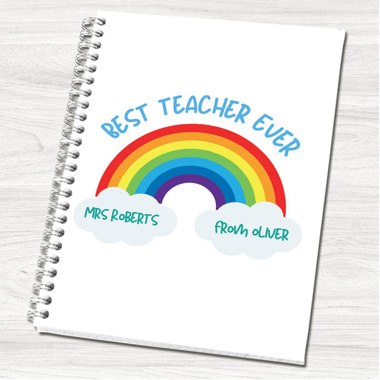 Rainbow & Clouds Personalised Teacher Notebook, End of Year Gifts, Gifts for Teacher, Bespoke Gifts for All Occasions, UK Supplier