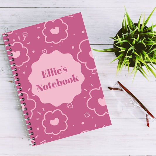 Personalised Pink Hearts Notebook – Custom Name Journal for Girls, Available in A5 or A4, Gifts for All Occasions