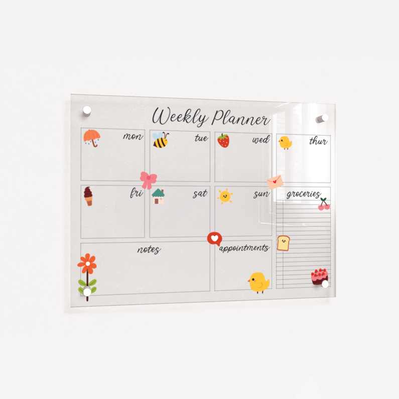 Cute Doodle Weekly Wall Planner, Personalised Extra Large Planner, Weekly Organising Board, Wall Mountable, Wipe Clean Kitchen Menu Board