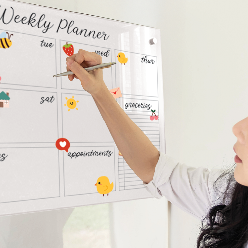 Cute Doodle Weekly Wall Planner, Personalised Extra Large Planner, Weekly Organising Board, Wall Mountable, Wipe Clean Kitchen Menu Board