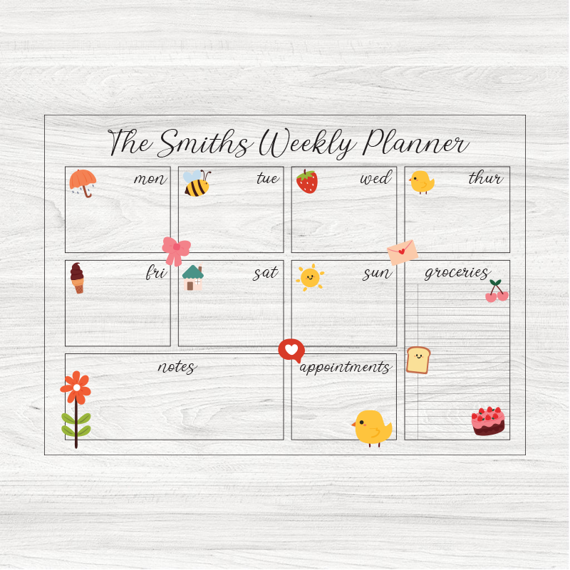 Cute Doodle Weekly Wall Planner, Personalised Extra Large Planner, Weekly Organising Board, Wall Mountable, Wipe Clean Kitchen Menu Board