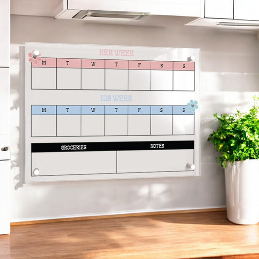 His and Hers Wall Planner, Acrylic Large Planner, Weekly Organising Board, Wall Mountable, Wipe Clean Kitchen Menu Board, Made to Order