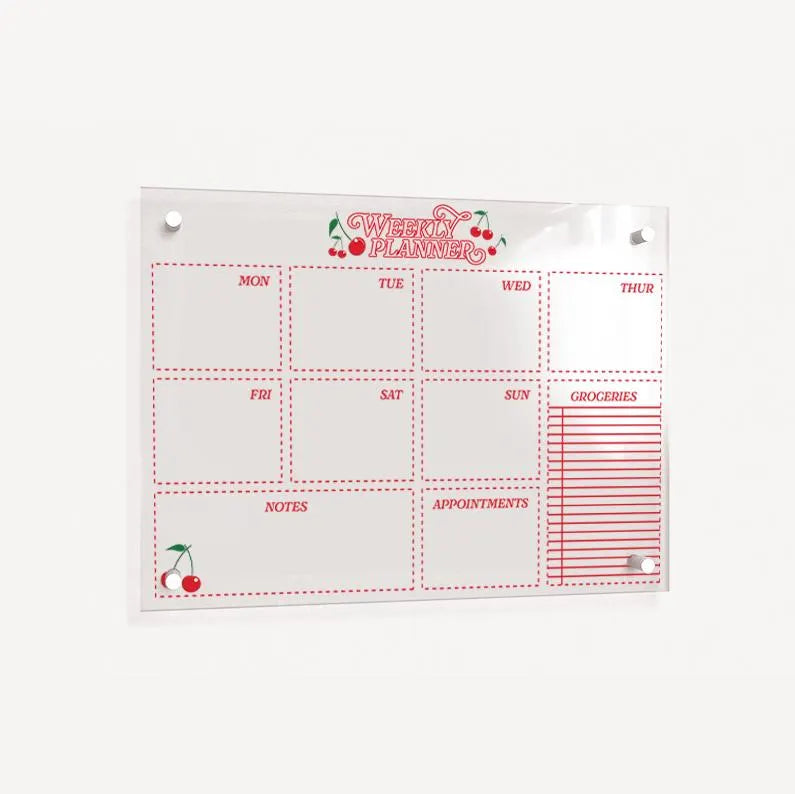 Cherry Weekly Wall Planner, Personalised Extra Large Planner, Bespoke Weekly Organising Board, Wall Mountable, Wipe Clean Kitchen Menu Board