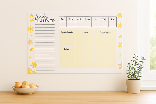 Yellow Flower Weekly Kitchen Wall Planner, Dry-Erase Organiser for Menu, Appointments & Notes, Wall Mountable, Wipe Clean Planner