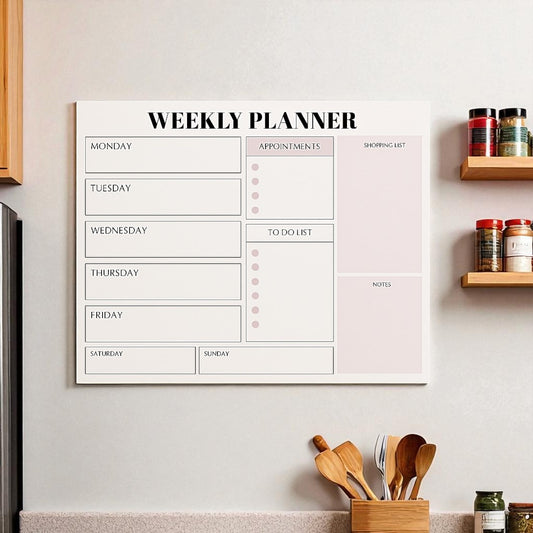 Pink N White Weekly Kitchen Wall Planner, Dry-Erase Organiser for Menu, Appointments & Notes, Wall Mountable, Wipe Clean Planner